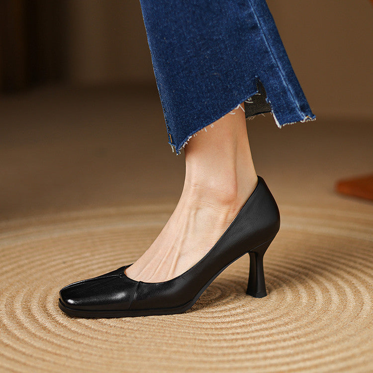 French Low-cut Stiletto Commuter Slip-on Square Toe Leather Shoes