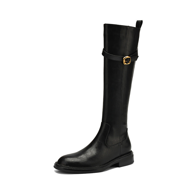 Women's Small Golden Button Thick Bottom Chunky Tall Knight Slimming Versatile Boots