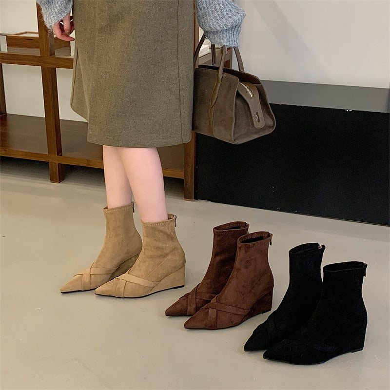 Women's Wedge Short Pointed High Suede Back Heels