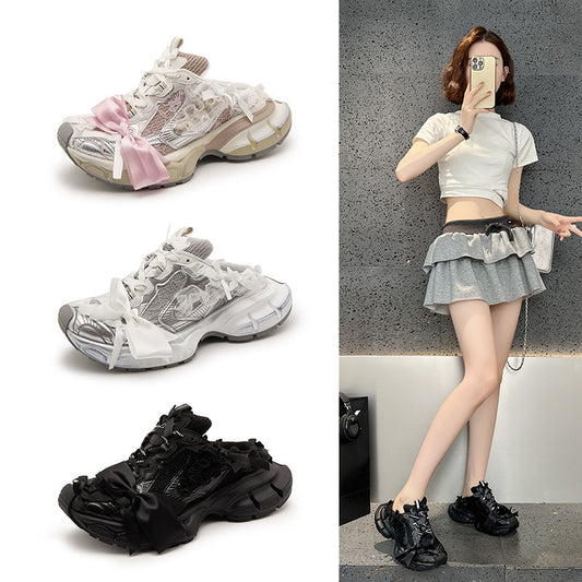 Women's Paris Lace Bow Half Thick Bottom Heightened Daddy Mesh Breathable Women's Sports Shoes