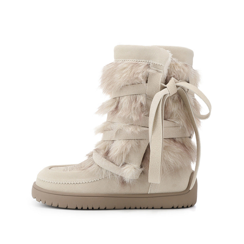 Women's Platinum Round Toe Niche Strap Genuine Warm Boots