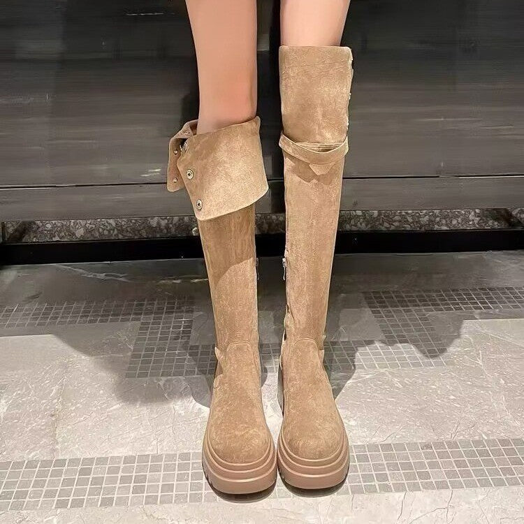 Women's Knee-high Fleece-lined Over The Knee Brown Thick Women's Leather Boots