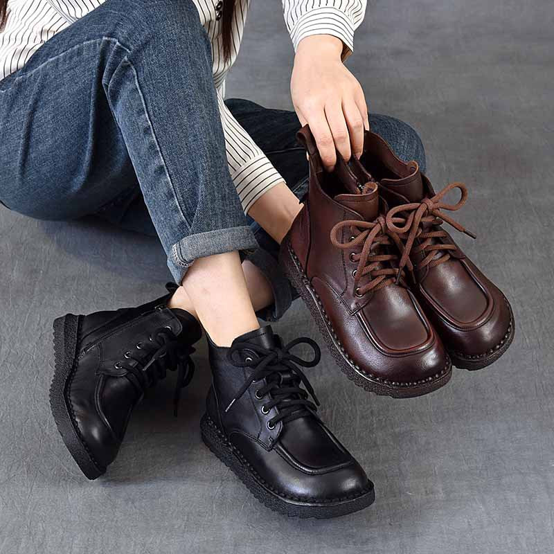 Women's Layer Of Cowhide Soft Bottom Retro Round Toe Flat Women's Leather Boots