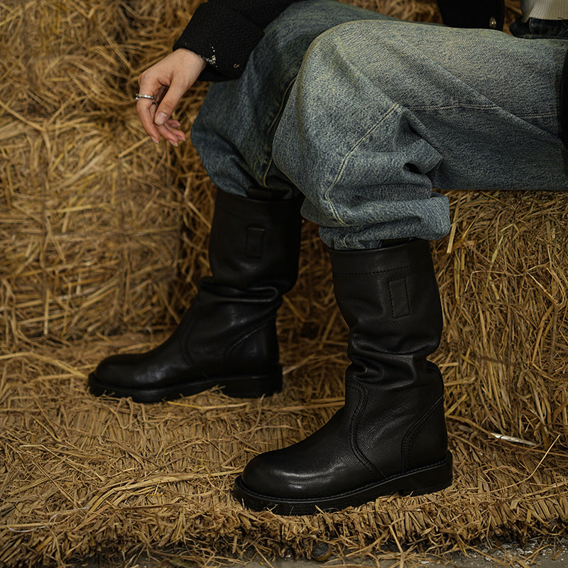 Women's Nice Middle Black Low First Layer Cowhide Women's Leather Boots