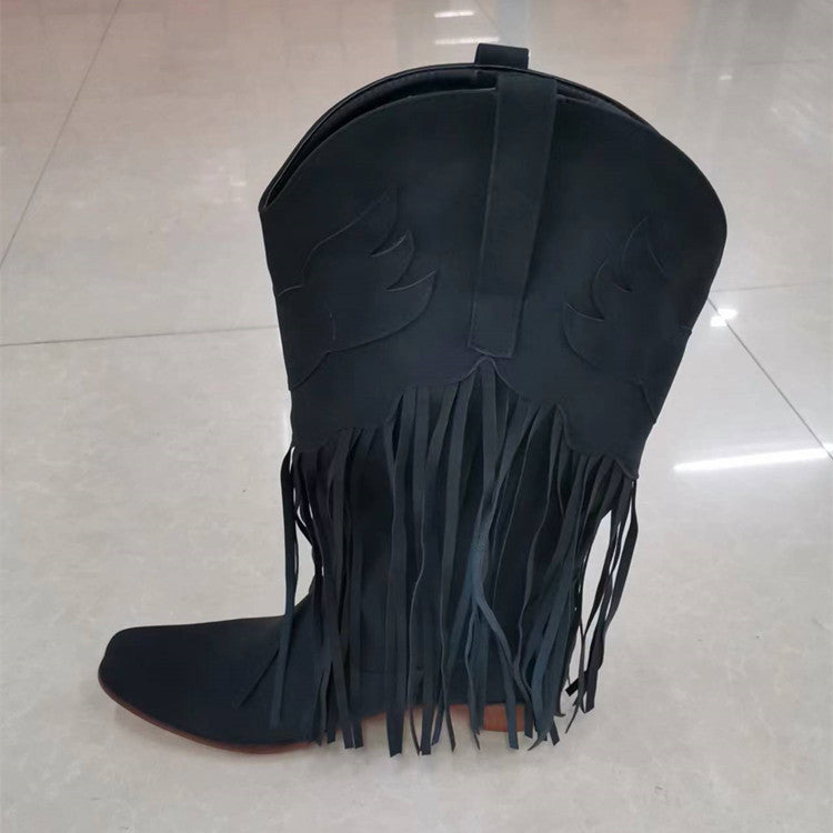 Women's Handmade Thick High Mid Pointed Toe Boots