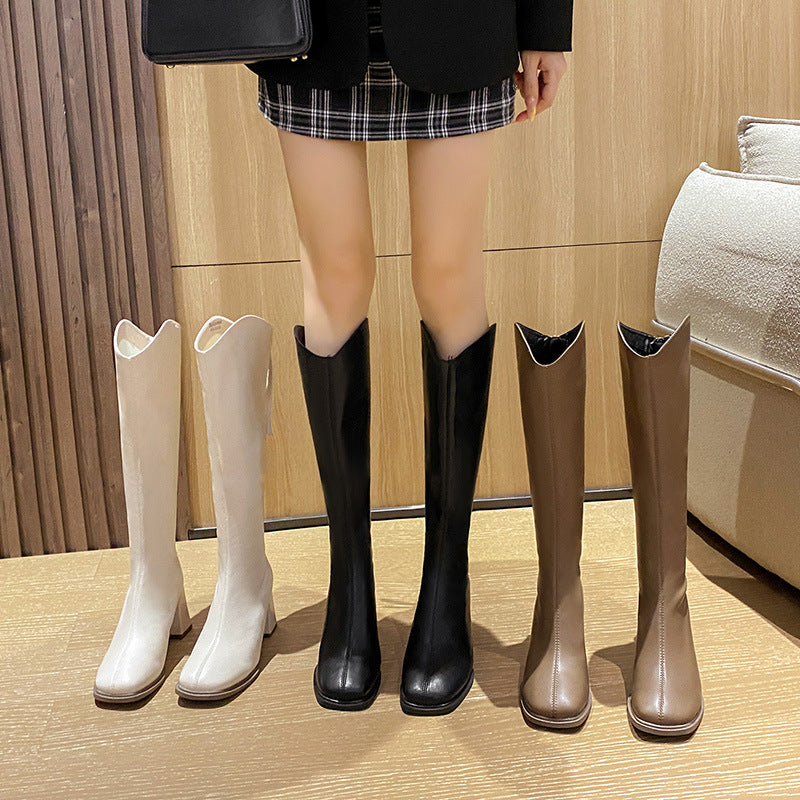 Women's V Cut Square Head Chunky Long Heels