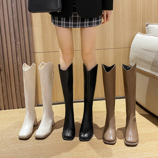 Women's V Cut Square Head Chunky Long Heels
