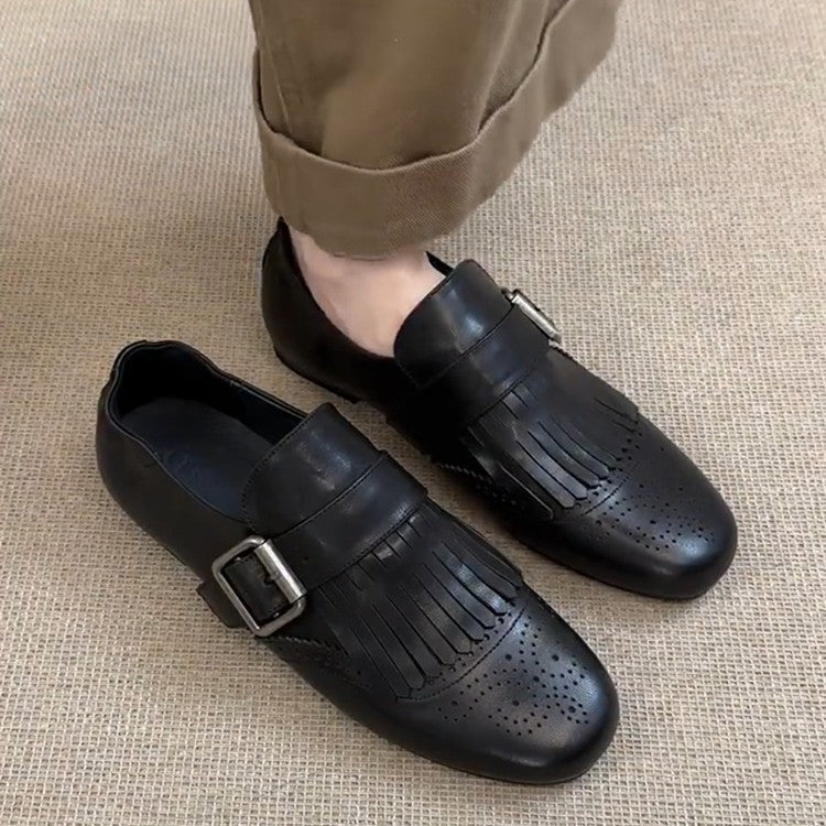 Women's Tassel Embroidery Flat Black Versatile Small Belt Loafers