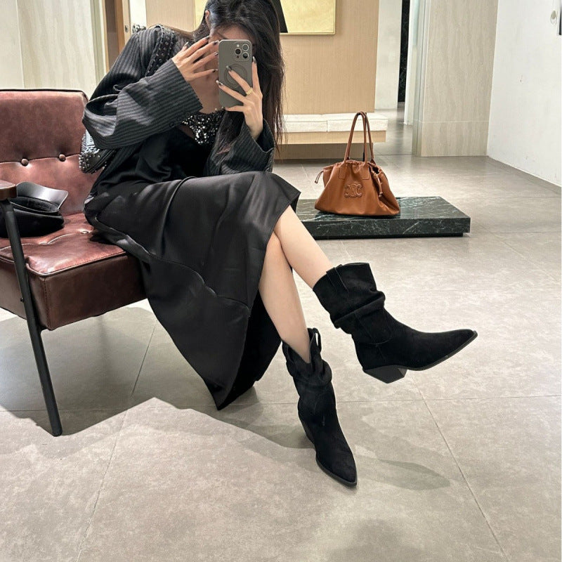 Versatile Retro Ankle Korean Style Chunky Sleeve Short Pleated Women's Leather Boots