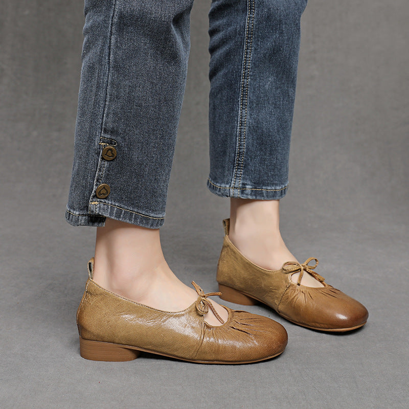 Women's Retro Mary Jane Round Toe Flat Shallow Mouth Pumps Authentic Heels
