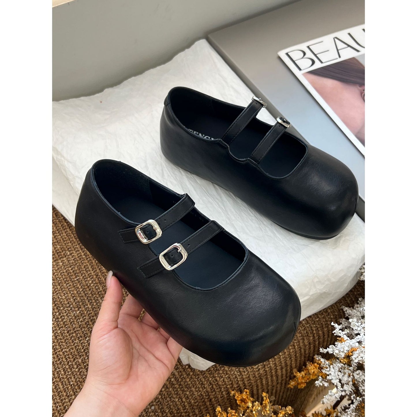 Women's Retro Strap Mary Jane Spring Genuine Gentle Height Increasing Loafers