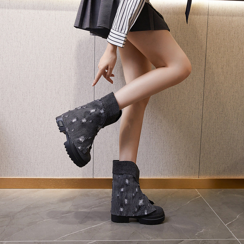 Women's & Men's Platform Fleece-lined Denim Slip-on Height Increasing Women's Shoes