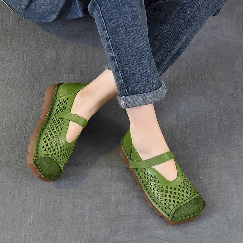 Women's Hollow Square Toe Breathable With First Layer Retro Holes In Sandals