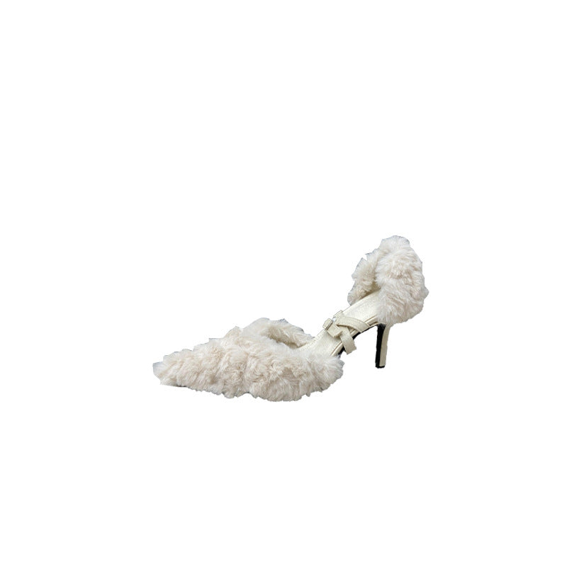 Women's Pointed Toe Stiletto Fashion Closed Fluffy Belt High Heeled Sandals