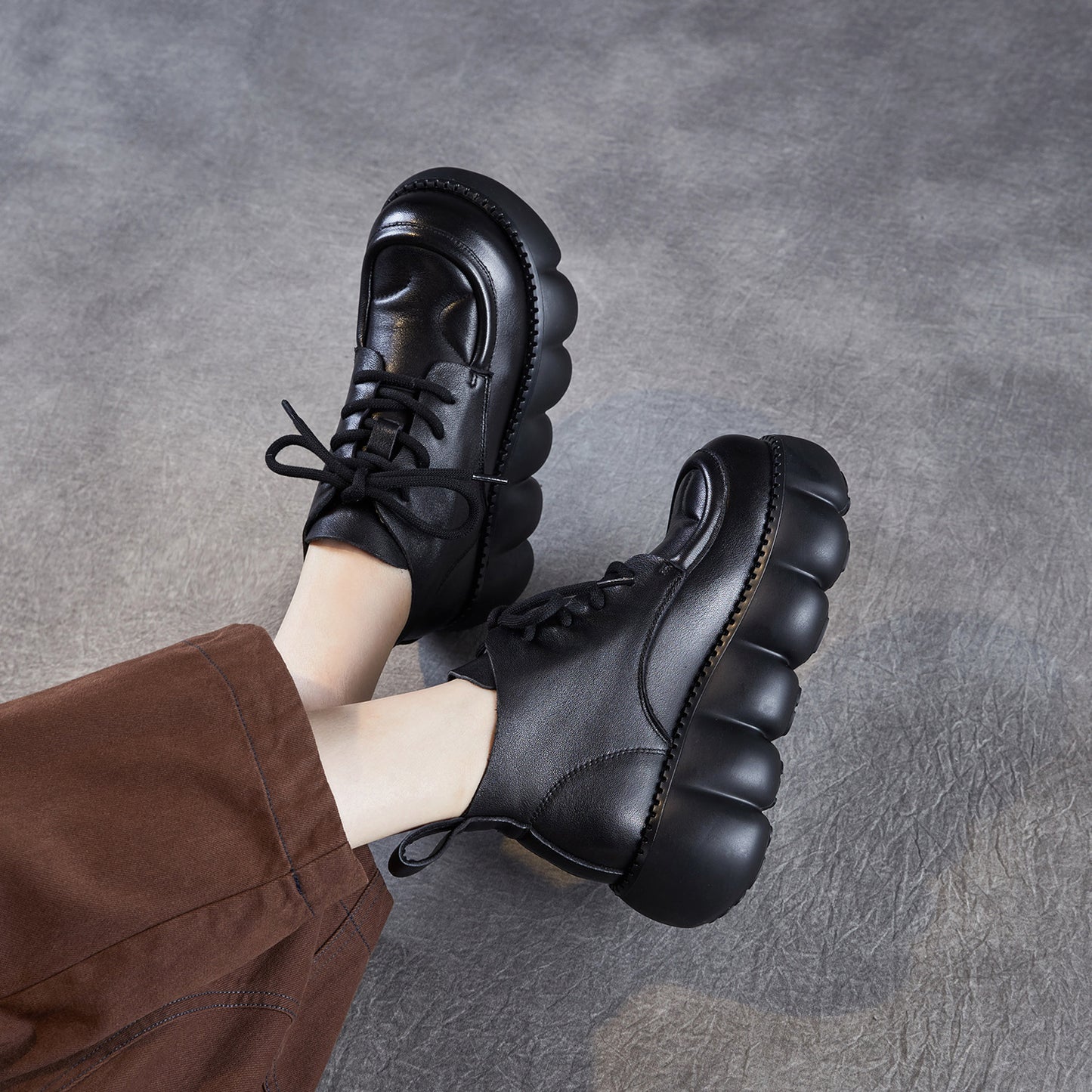 Women's British Retro Round Head Genuine Short Muffin Platform Women's Leather Boots