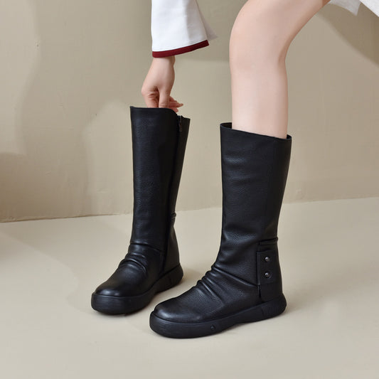 Women's Layer Cowhide Platform Knee-high Lace Up Boots