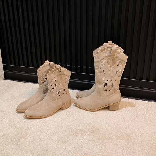 Cowhide Version Hot Hollowed Embroidery Chunky Knee-high Heels