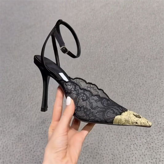 Women's Lace Closed Toe Pointed Stiletto Back Strap Metal Buckle High Heeled Sandals