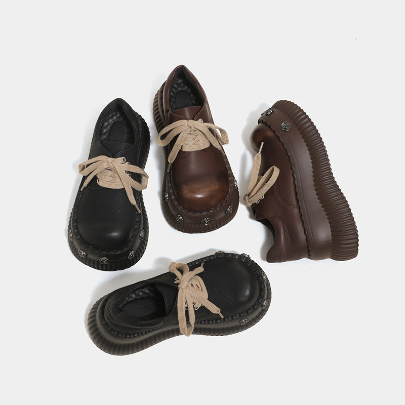 Women's British Style Platform Autumn Black Round Women's Fashion Shoes