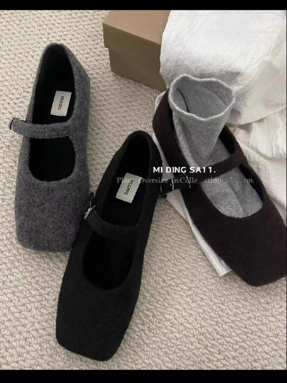 Women's Woolen Square Toe Buckle Flat Mary Casual Shoes