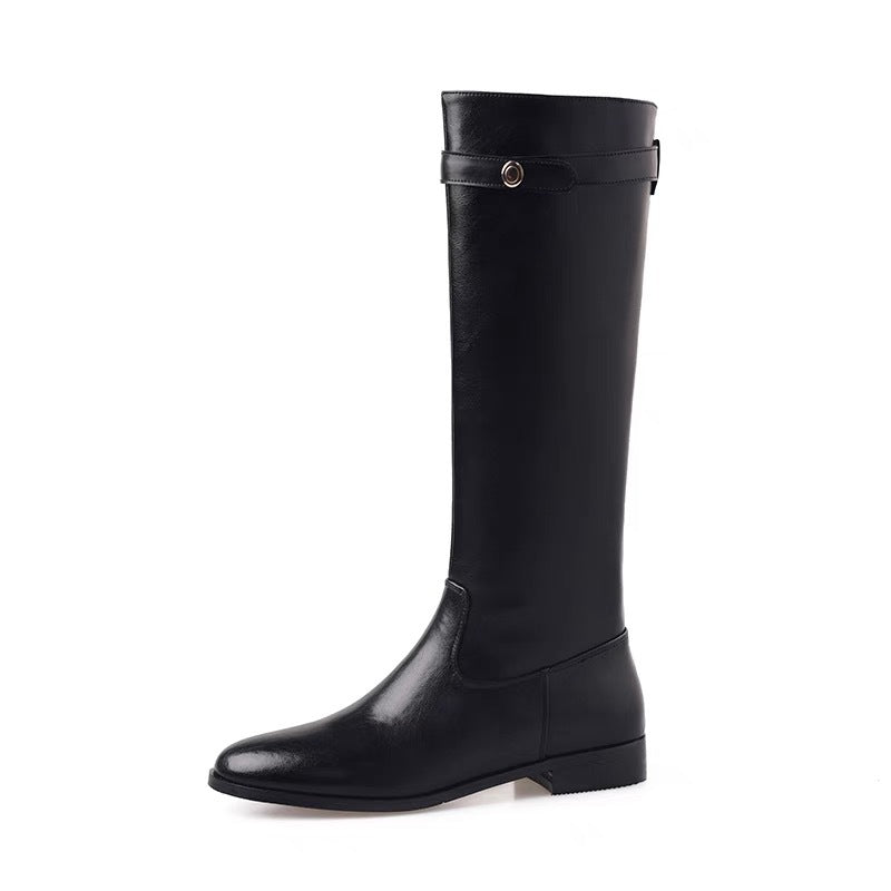Women's Black Gold Coin Chunky Platform Long Tube Knight High Straight Women's Leather Boots
