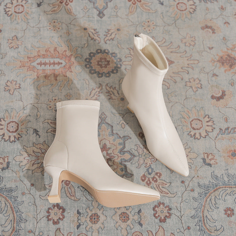 Women's White Ankle High French Stiletto Pointed Toe Back Zipper Women's Leather Boots