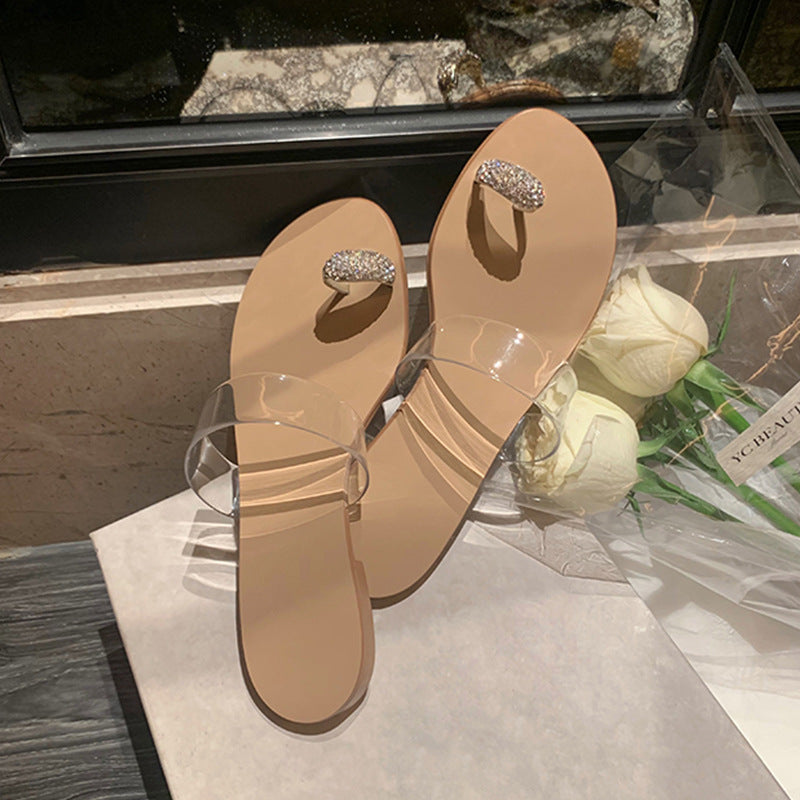 Women's Rhinestone Toe Covering Round Transparent Flat Sandals