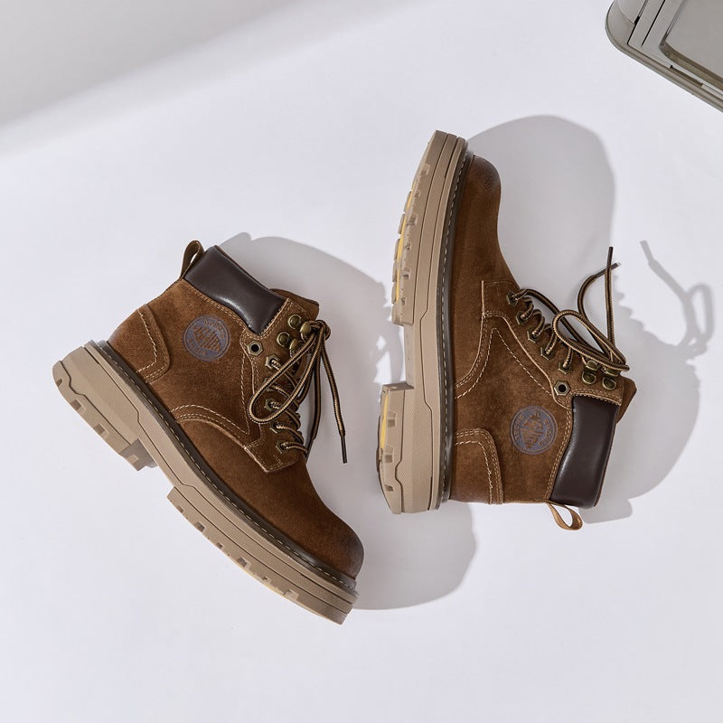 Wang Worker Couple Outdoor Travel Height Increasing Insole Platform Women's Leather Boots