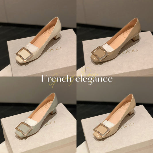 Women's Cowhide Version Grape Mom Classic Shallow Mouth Temperament High Square Heels