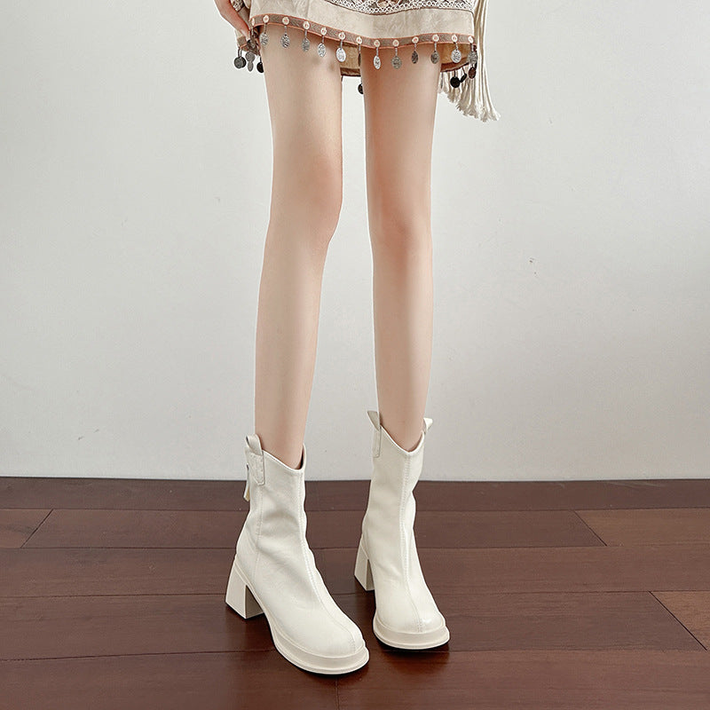 Women's Western Cowboy Thick-soled British Style Chunky High Booties Fleece Heels