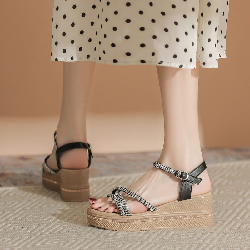 Women's Wedge Rhinestone French Style Thick Bottom Sandals