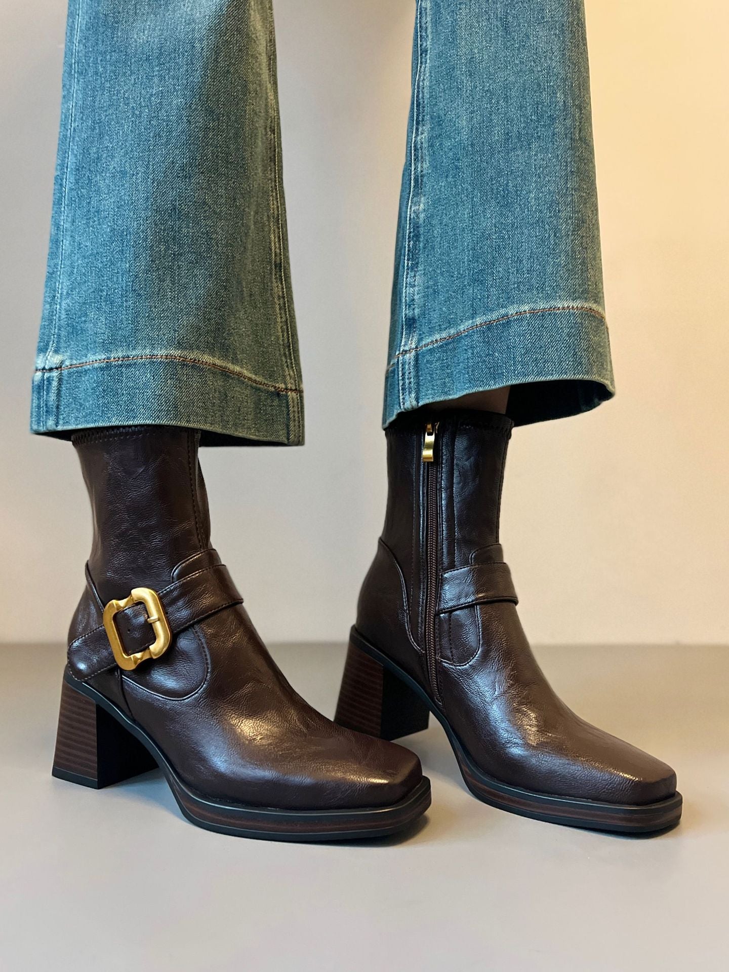 Women's Elegance High Square Toe Booties Soft Waterproof Platform Thick Increased Boots
