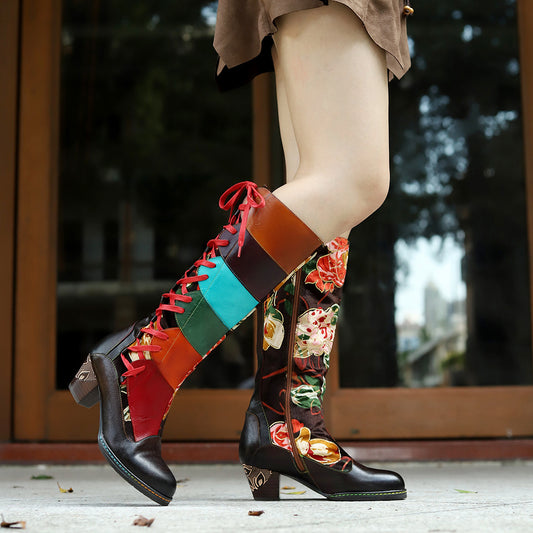 Hand-rub Color Printing Colored Mosaic Lace Up Chunky Boots