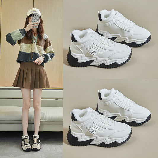 Style Fleece-lined Clunky Female Thick Bottom Sports Sneakers