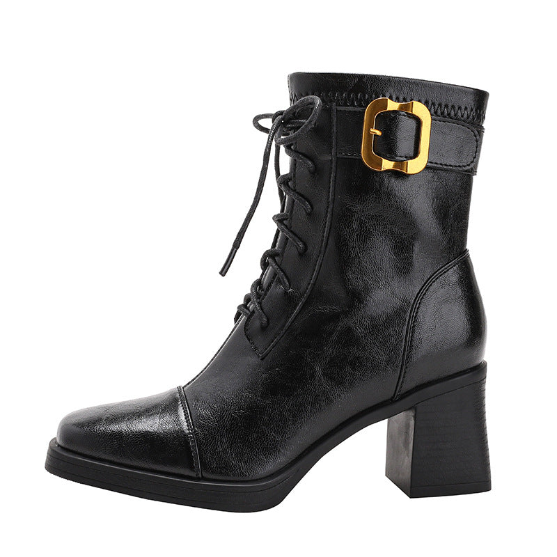 Women's Retro Style Booties High Platform Soft Martin Thick Gold Women's Leather Boots