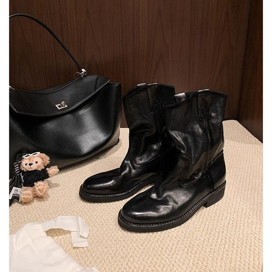 Women's Pointed Round Head V Cut Motorcycle Chunky Heels