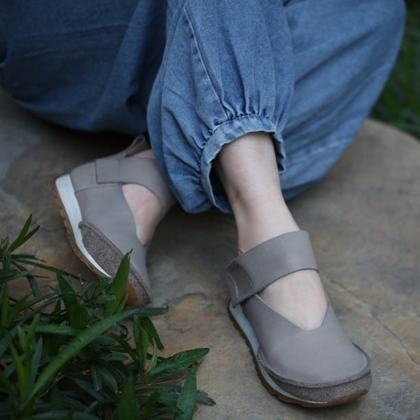 Women's Style Top Layer Cowhide V Cut Pumps Soft Back Thick Platform Sandals