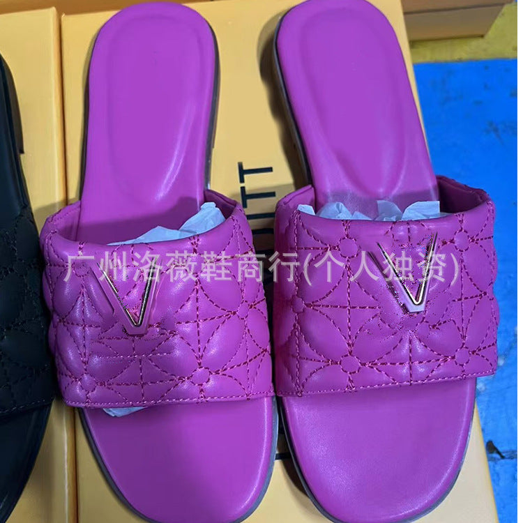 Women's High Version Outer Wear Summer Large Size Flats Metal Letter Flat Slippers