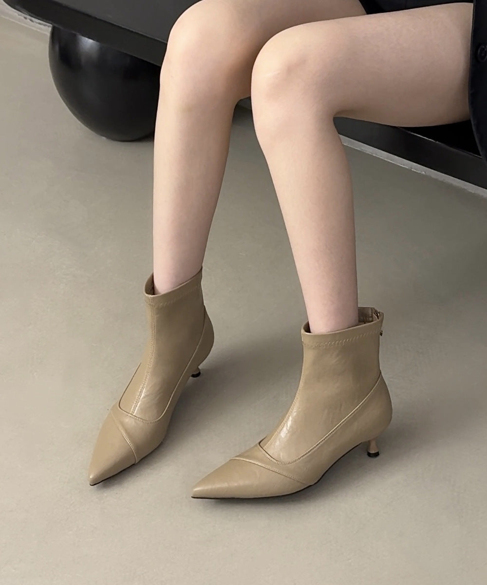 Women's High Back Zipper Stitching Short For French Style Design Stiletto Women's Leather Boots