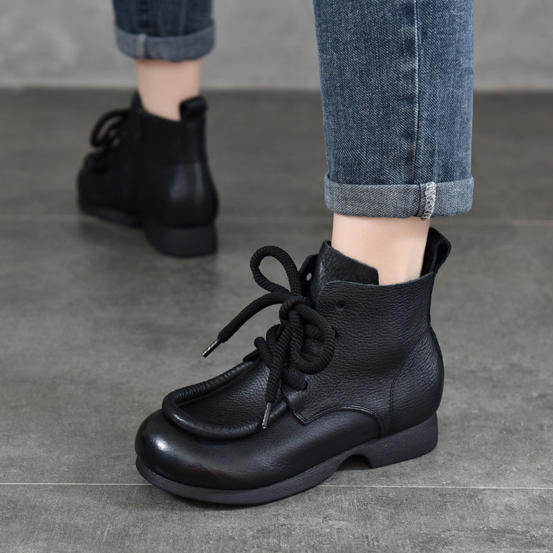 Women's Cowhide Handmade Short Lace Up Round Toe Flat Cozy Women's Leather Boots
