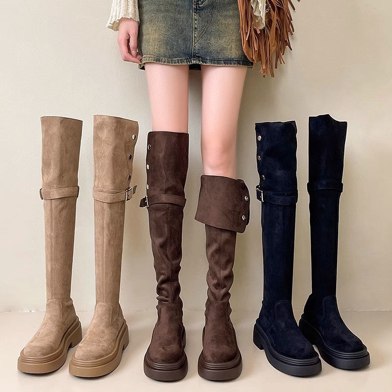 Women's Fashion Tribe Two Wear Fold Thick Bottom Chunky Women's Leather Boots