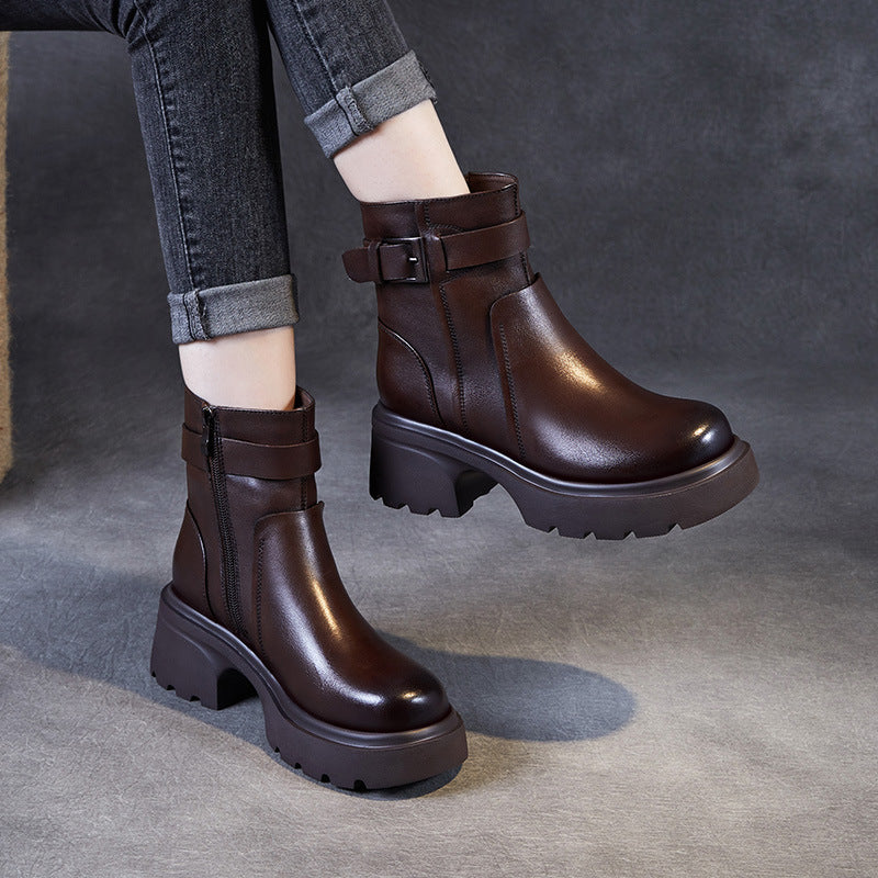 Women's Elevator Platform Chelsea Fleece-lined British Style Women's Leather Boots