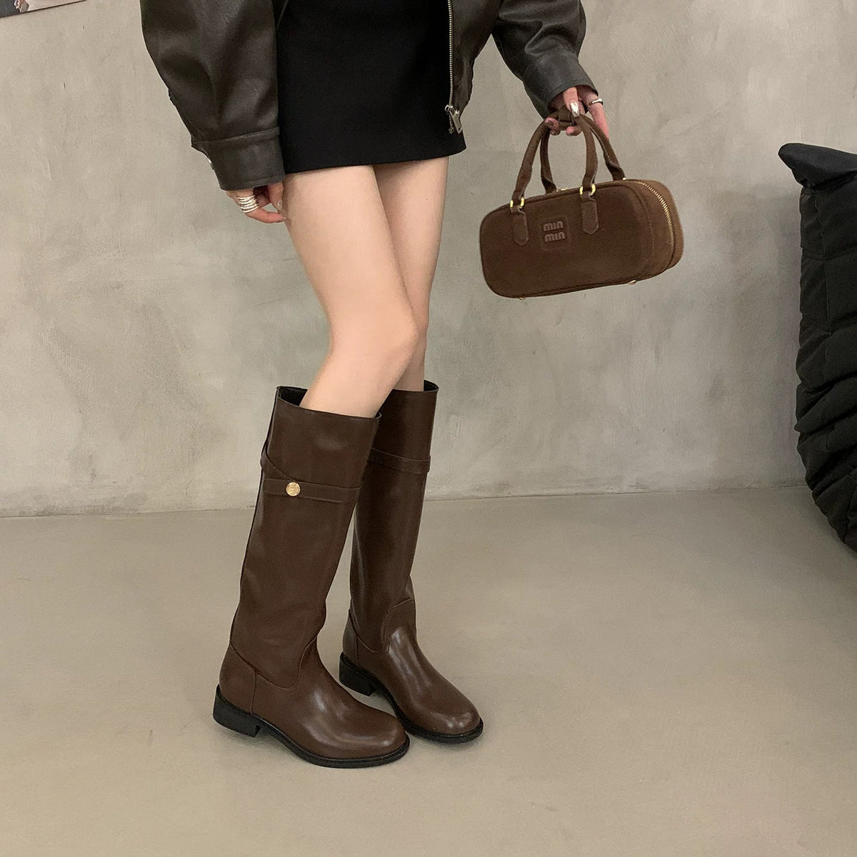 Women's Cowhide Small Gold Coin Chunky Platform Women's Leather Boots