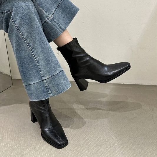 Women's Martin Square Toe High Short French Soft Temperament Heels
