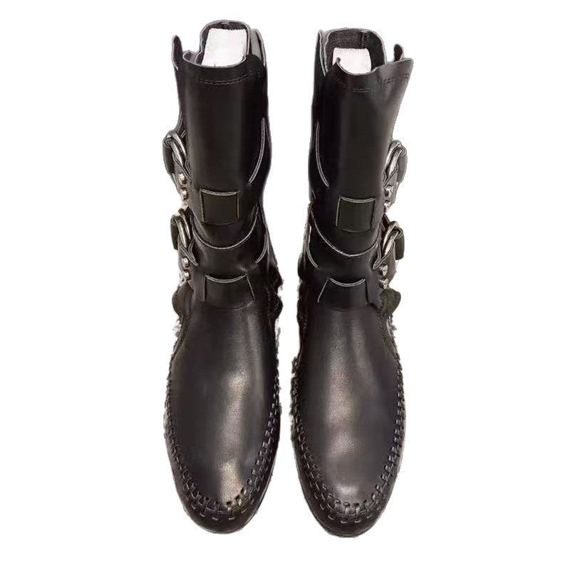 Style Square Head Female Metal Buckle Retro Flat Bottom Women's Leather Boots
