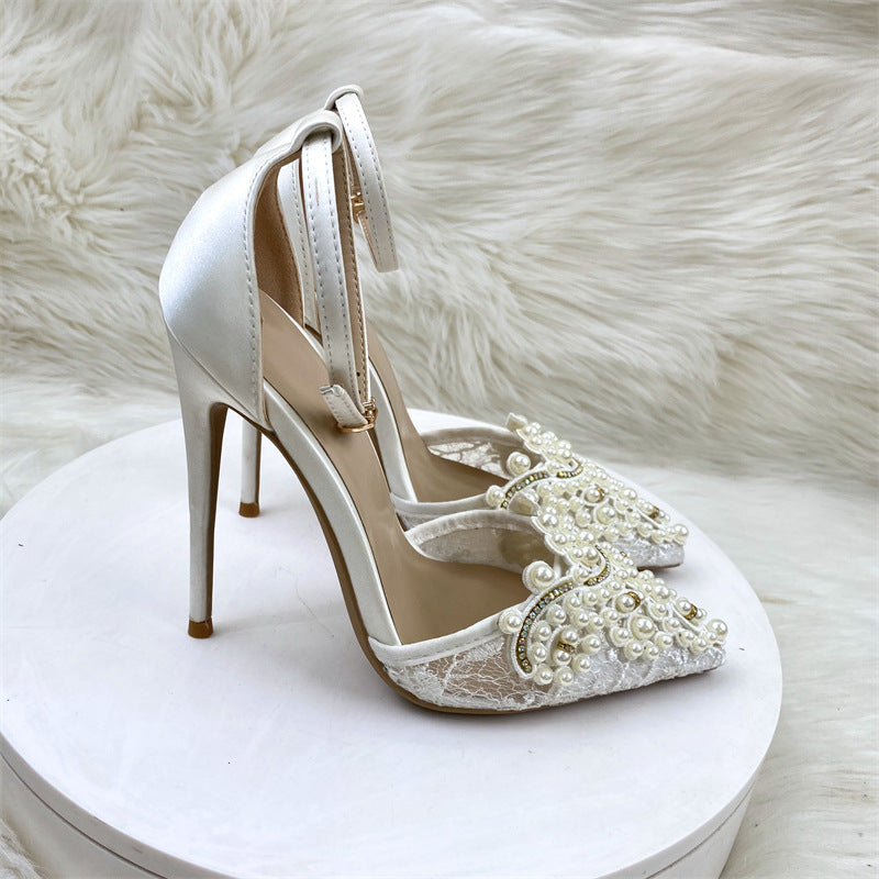 Women's Pointed Toe Cap Rhinestone Lace Buckle High Heeled Sandals