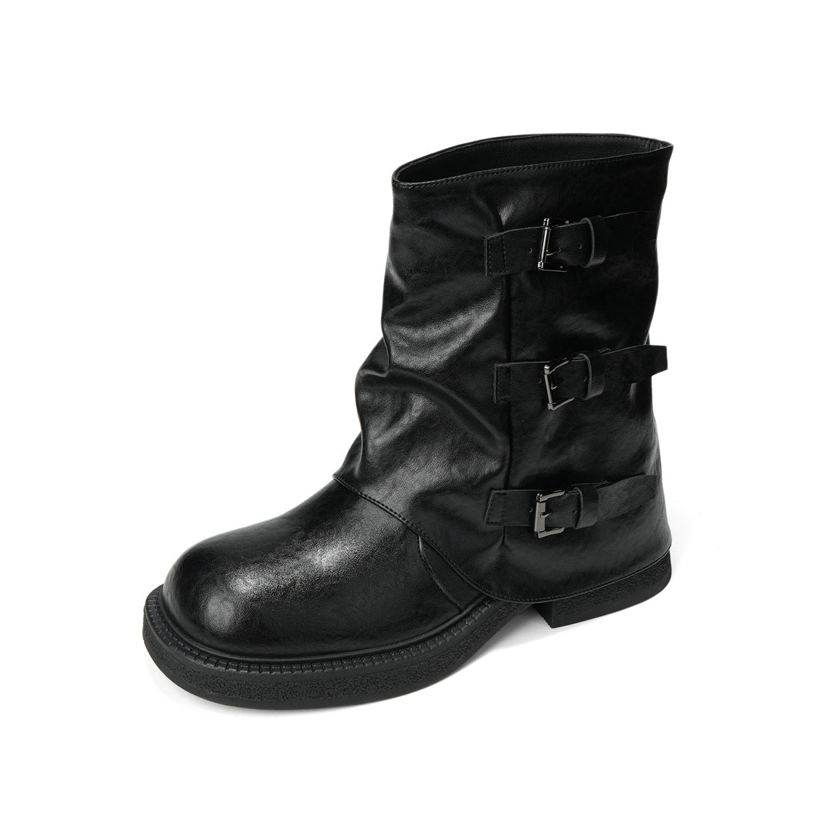Women's Pleated Platform Bootie Belt Buckle Pants Women's Leather Boots