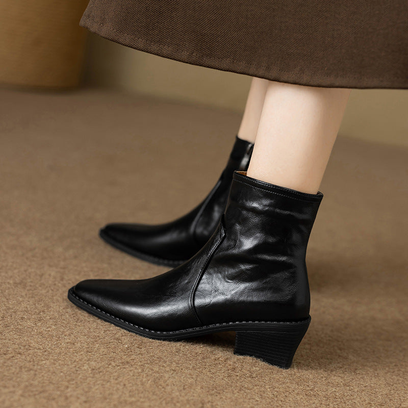 Women's Washed Cowhide Super Comfortable Short Thick Thin Square Toe Boots