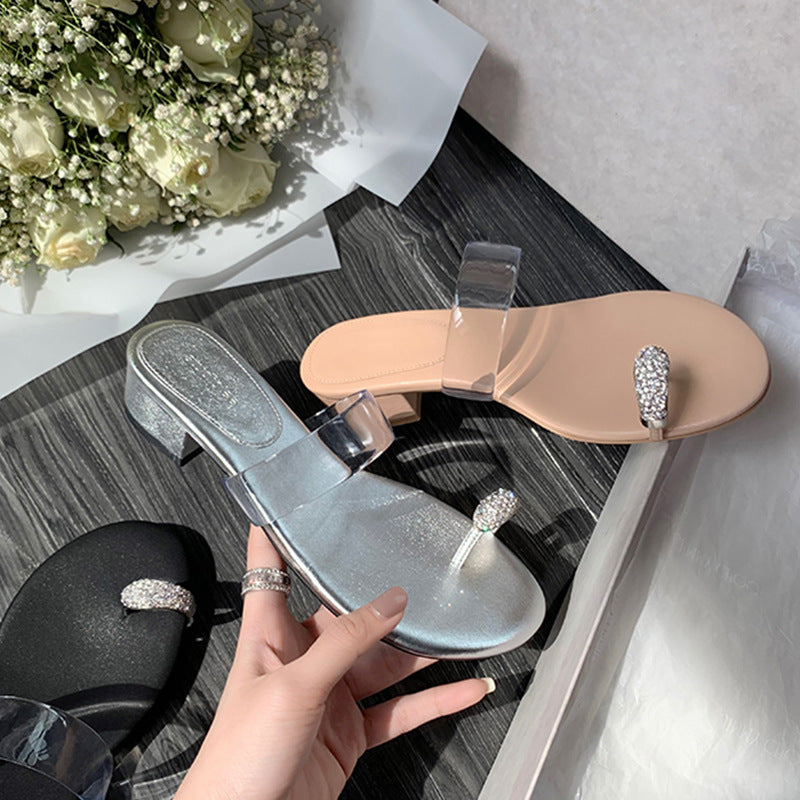 Women's Rhinestone Toe Covering Round Transparent Flat Sandals