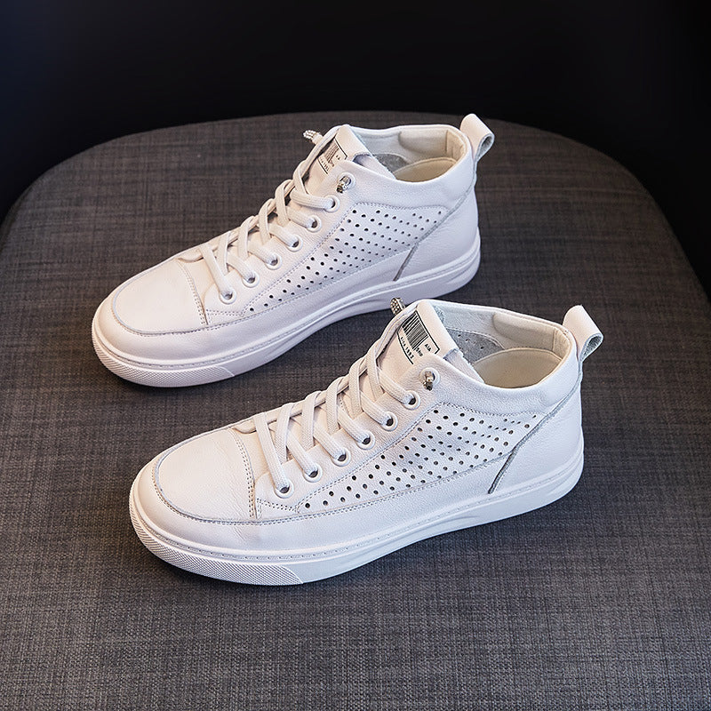 Women's Summer High Top White First Layer Cowhide Breathable Flat Leisure Heels